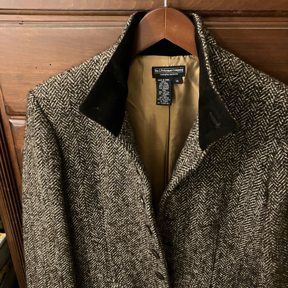 Herringbone Wool Blend Jacket with Velvet Black Collar